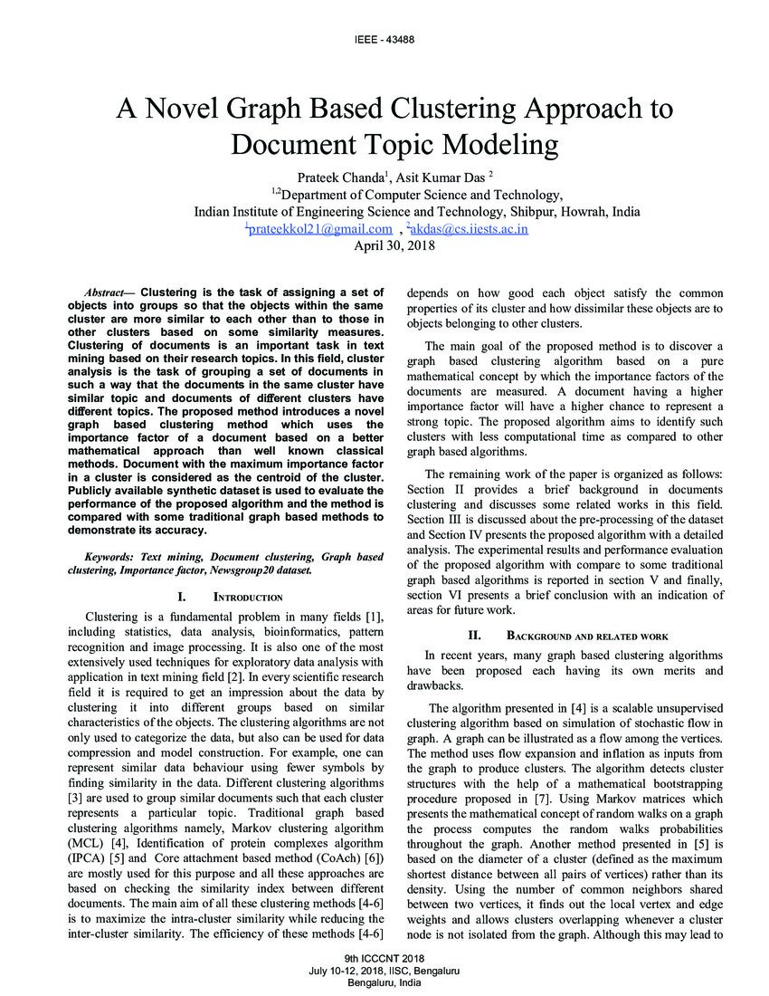 A Novel Graph Based Clustering Approach to Document Topic Modeling | DeepAI