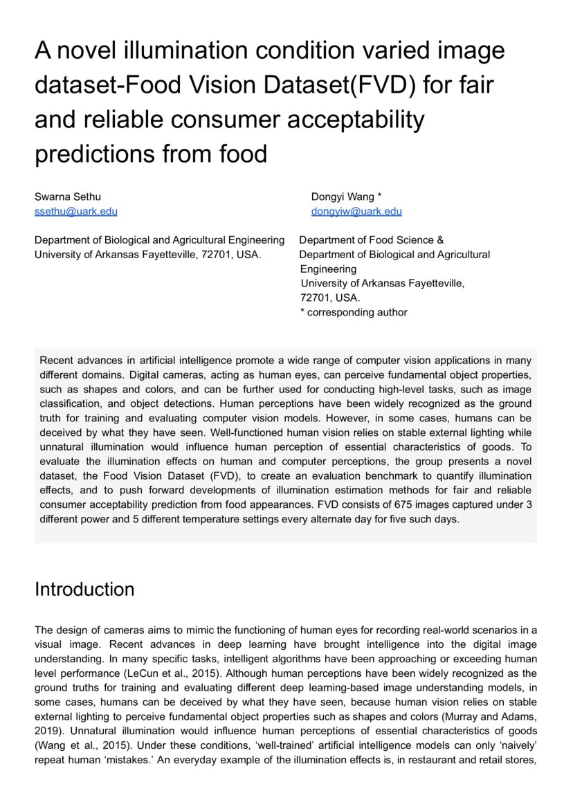 A novel illumination condition varied image datasetFood Vision Dataset (FVD) for fair and