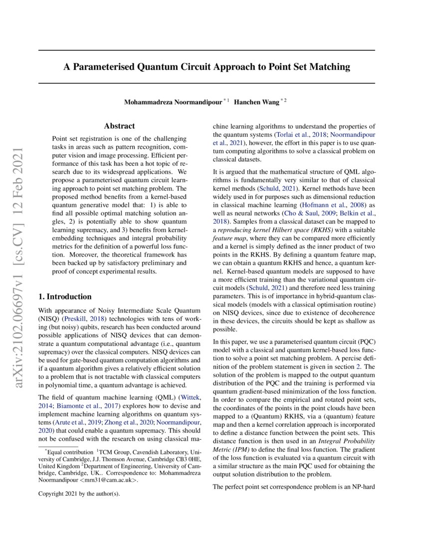 A Parameterised Quantum Circuit Approach to Point Set Matching DeepAI