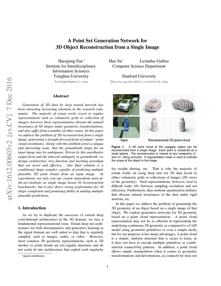 A Point Set Generation Network for 3D Object Reconstruction from a