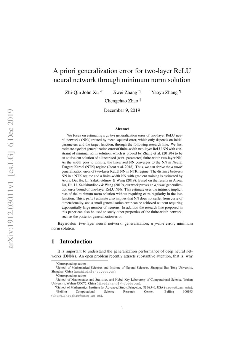 A priori generalization error for two-layer ReLU neural network through ...
