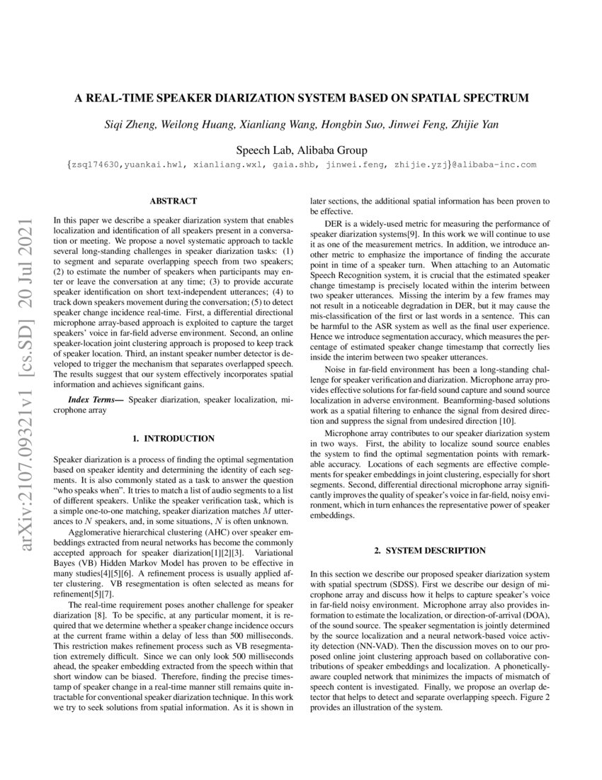 A Real-time Speaker Diarization System Based on Spatial Spectrum | DeepAI