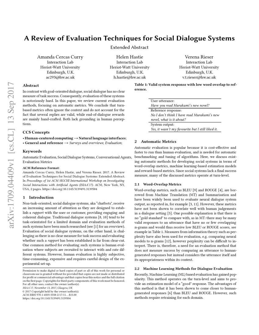 A Review of Evaluation Techniques for Social Dialogue Systems DeepAI