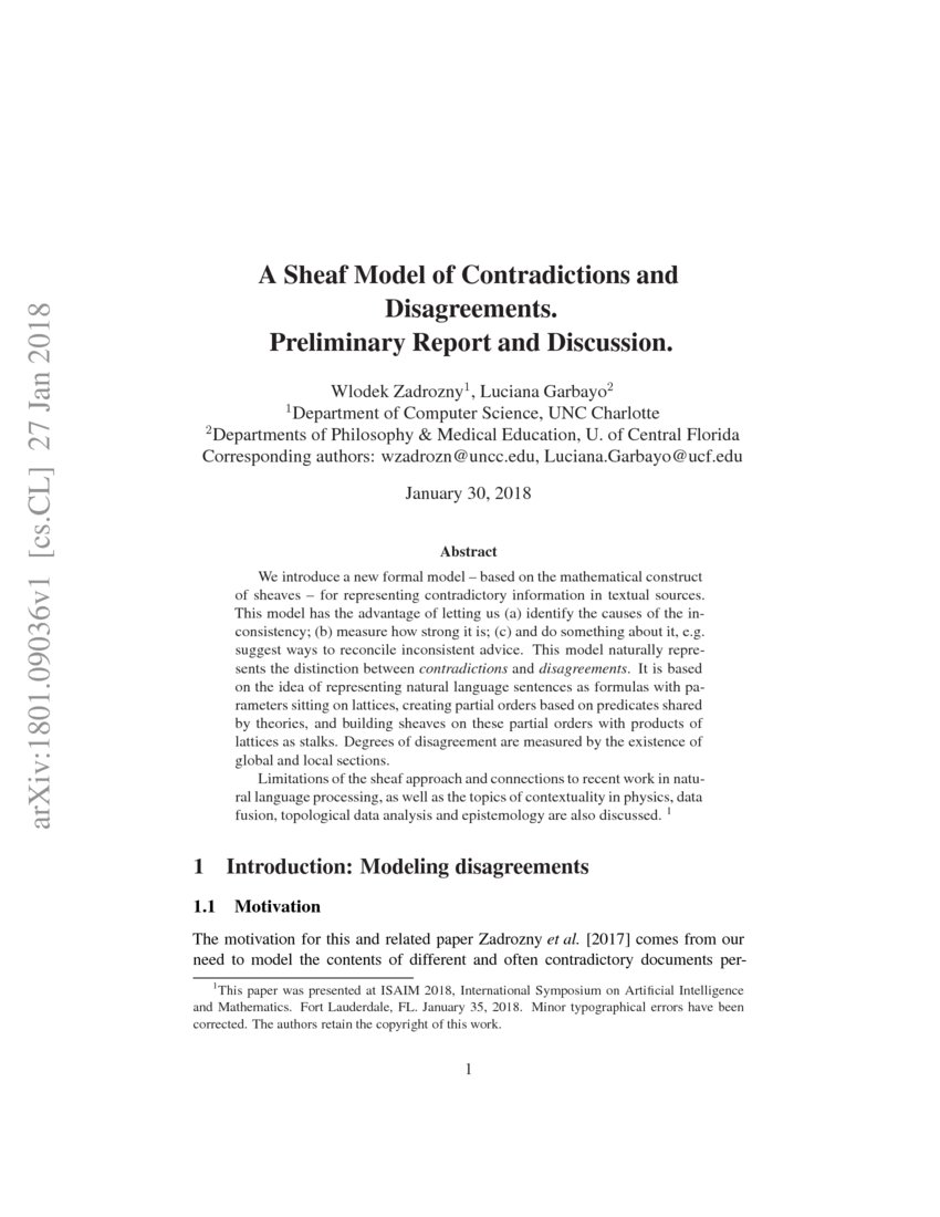 A Sheaf Model of Contradictions and Disagreements. Preliminary Report