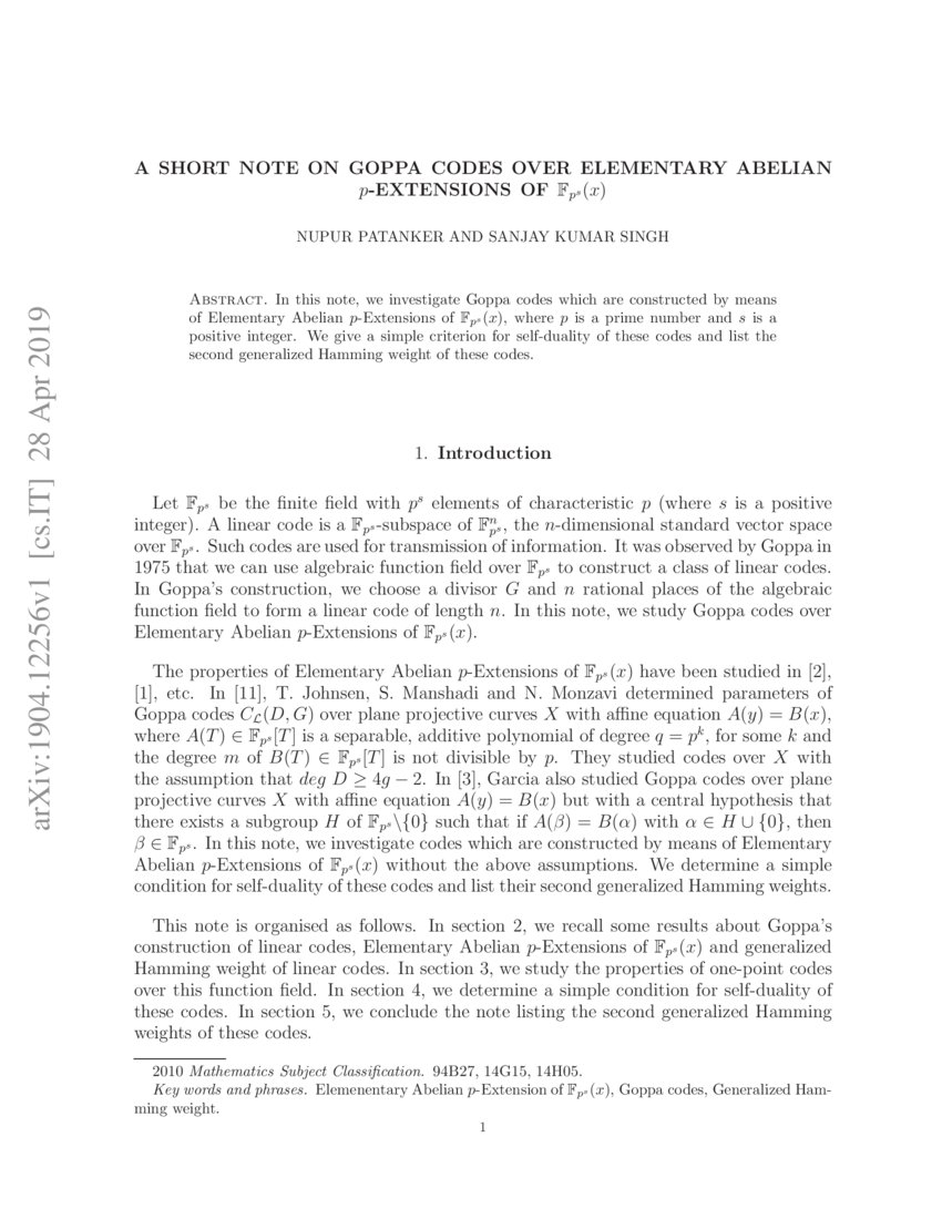 Goppa A short note on Goppa codes over Elementary Abelian p-Extensions of F_p ...