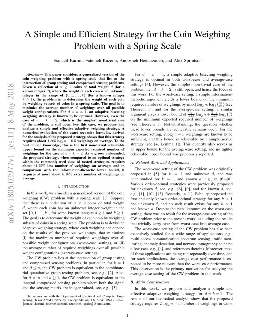 A Simple and Efficient Strategy for the Coin Weighing Problem with a