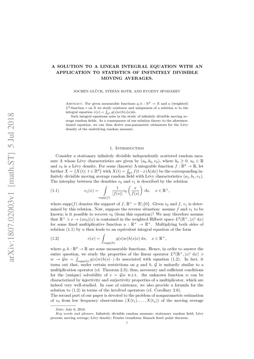 A Solution To A Linear Integral Equation With An Application To Statistics Of Infinitely Divisible Moving Averages Deepai