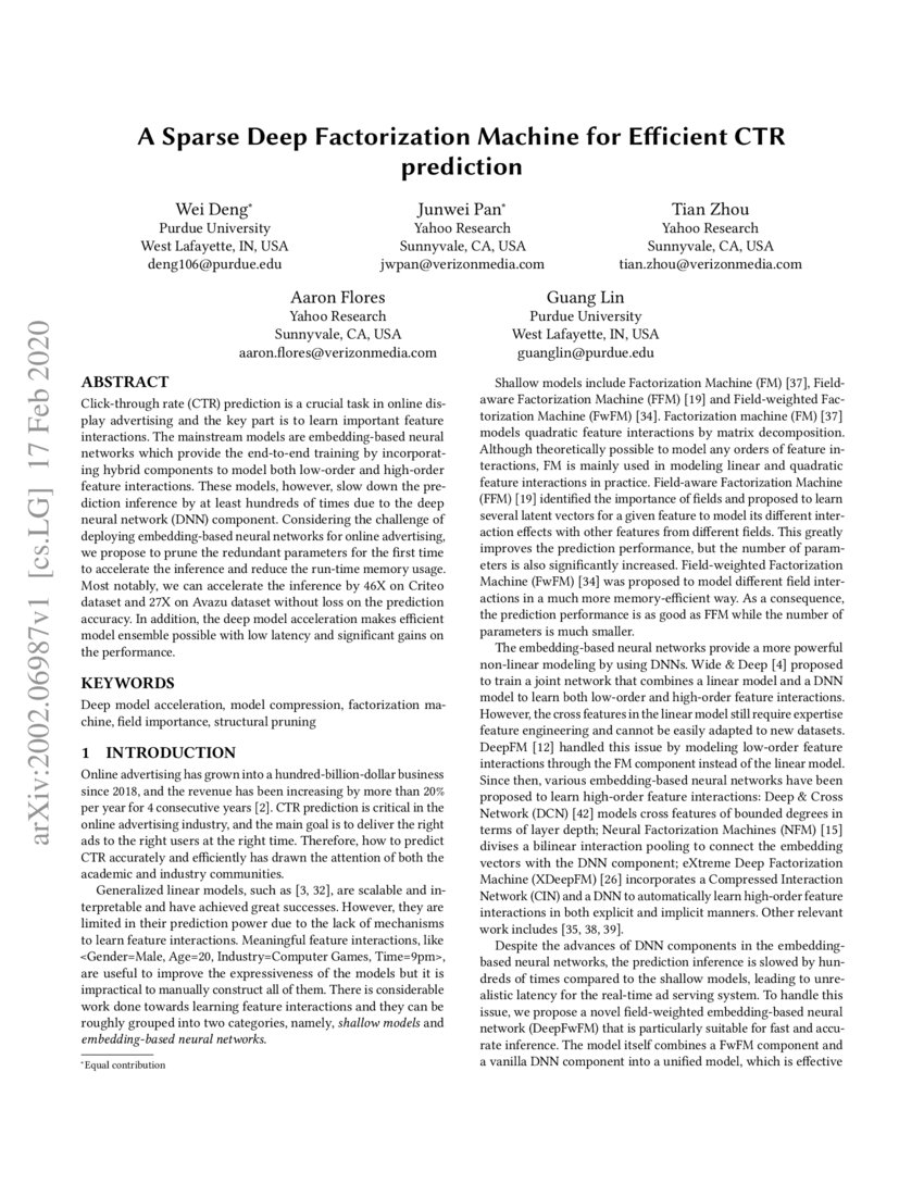 A Sparse Deep Factorization Machine for Efficient CTR prediction DeepAI