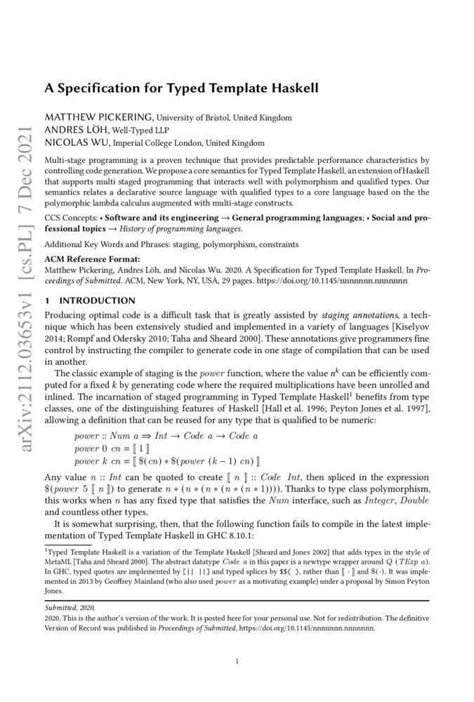 A Specification for Typed Template Haskell DeepAI