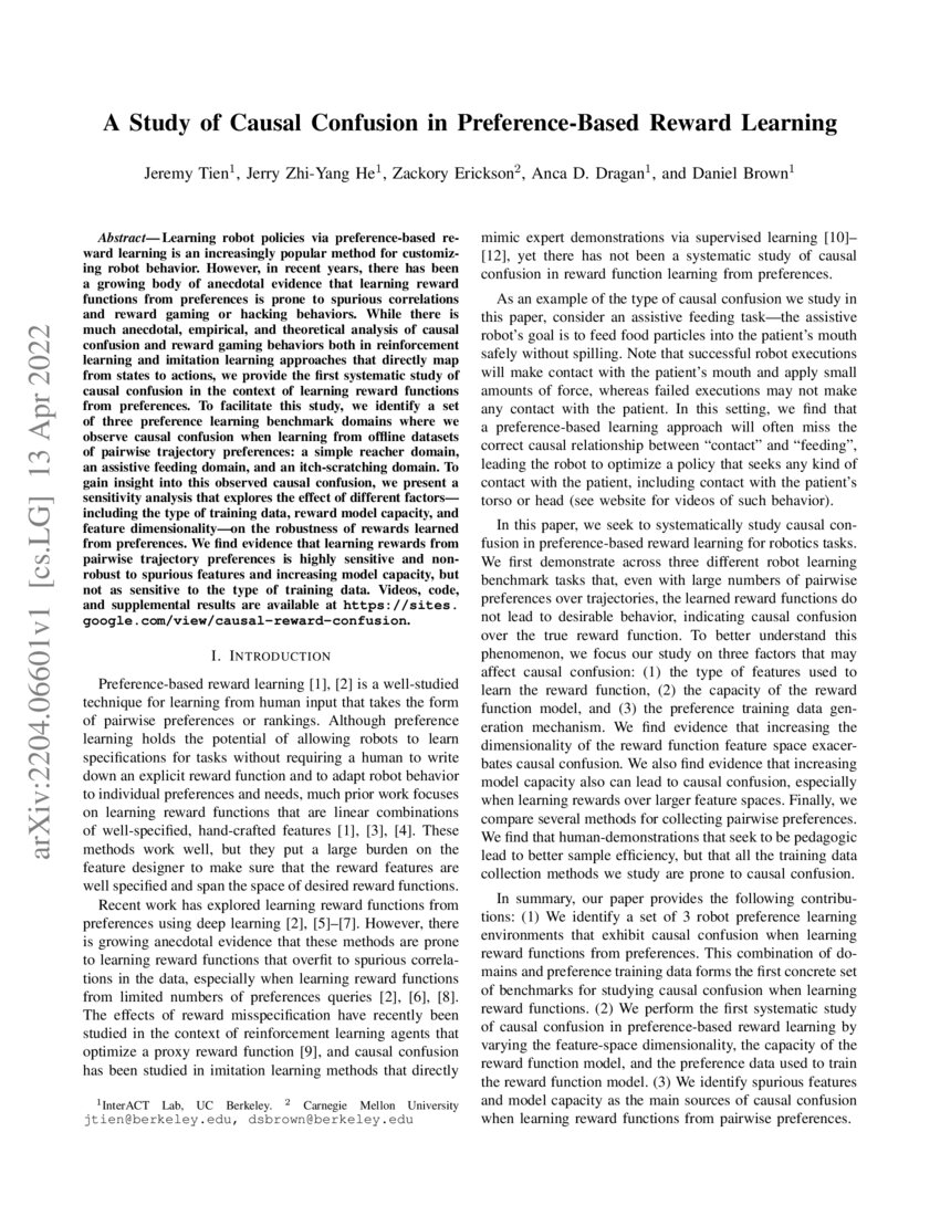 A Study Of Causal Confusion In Preference Based Reward Learning DeepAI