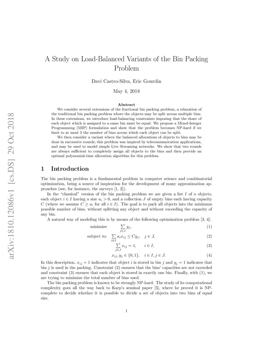A study on loadbalanced variants of the bin packing problem DeepAI