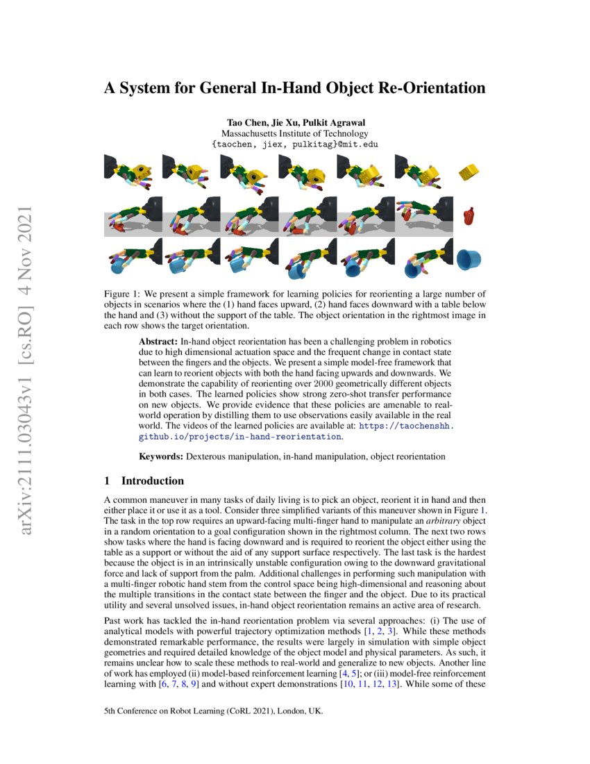 In Hand Object Rotation A System for General In-Hand Object Re-Orientation | DeepAI