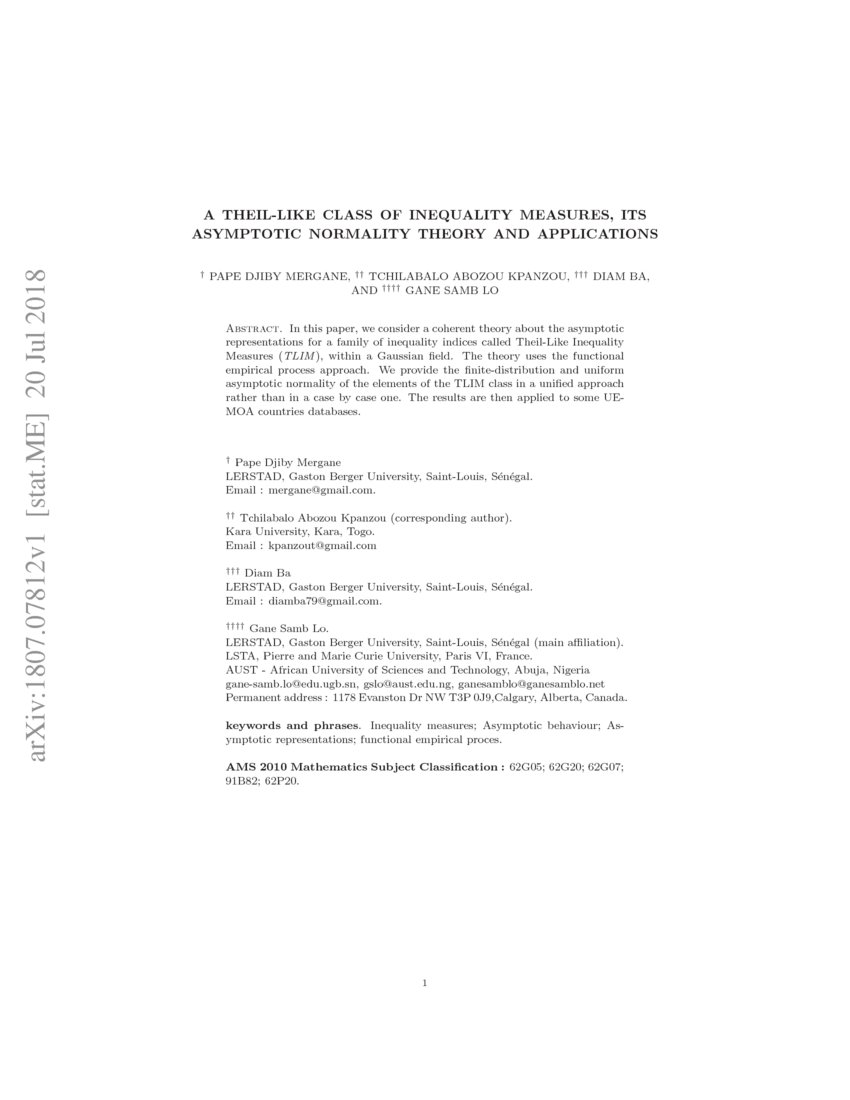 A theil like class of inequality measures its asymptotic normality