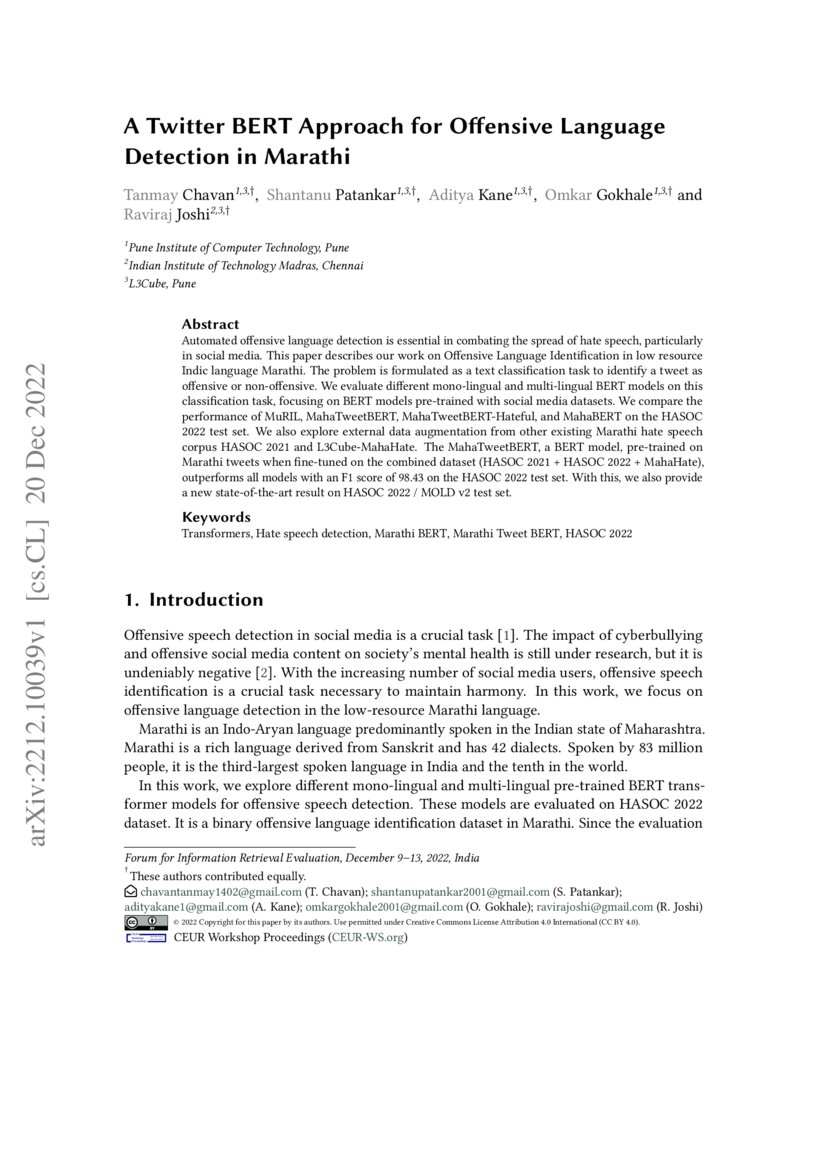 A Twitter BERT Approach for Offensive Language Detection in Marathi