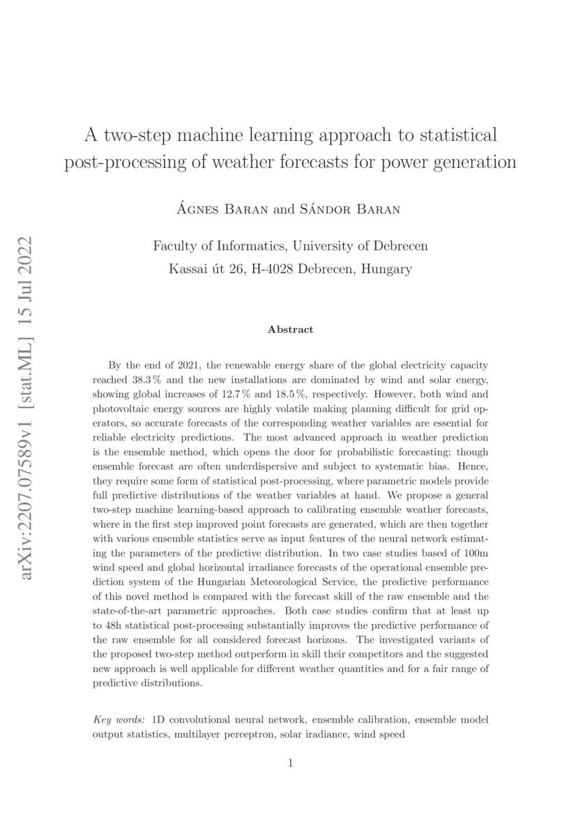 A twostep machine learning approach to statistical postprocessing of