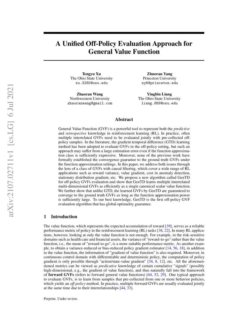 A Unified OffPolicy Evaluation Approach for General Value Function DeepAI