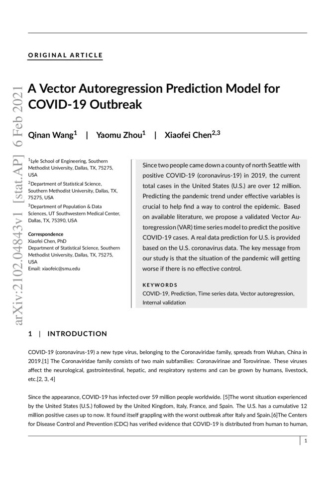 A Vector Autoregression Prediction Model for COVID-19 Outbreak | DeepAI