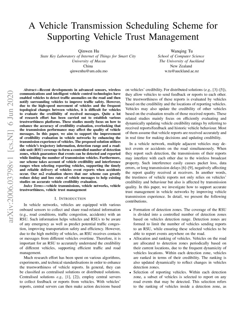 A Vehicle Transmission Scheduling Scheme for Supporting Vehicle Trust Management DeepAI