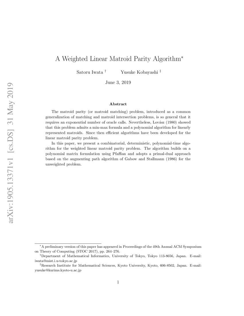 A Weighted Linear Matroid Parity Algorithm Deepai
