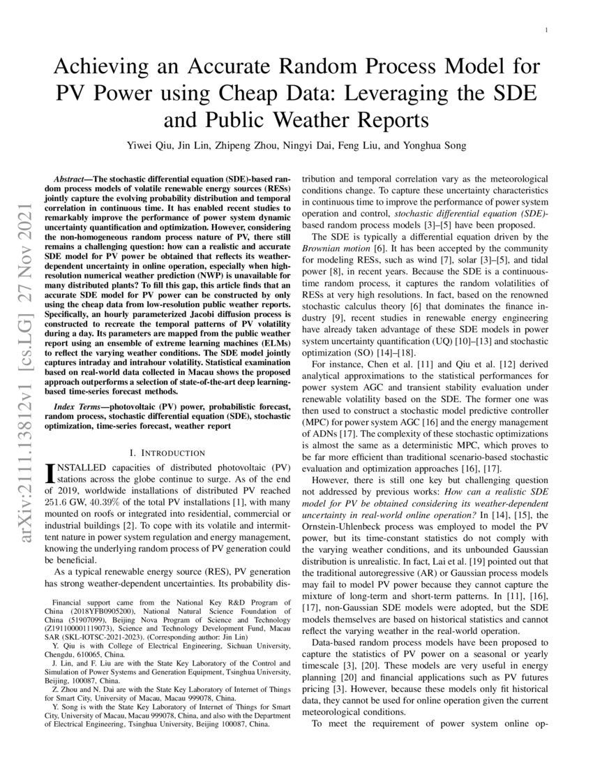 Achieving an Accurate Random Process Model for PV Power using Cheap ...