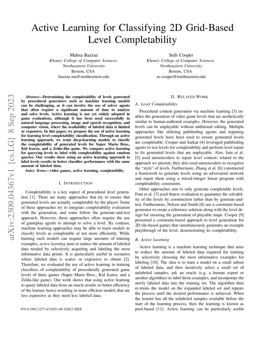 Active Learning for Classifying 2D GridBased Level Completability DeepAI