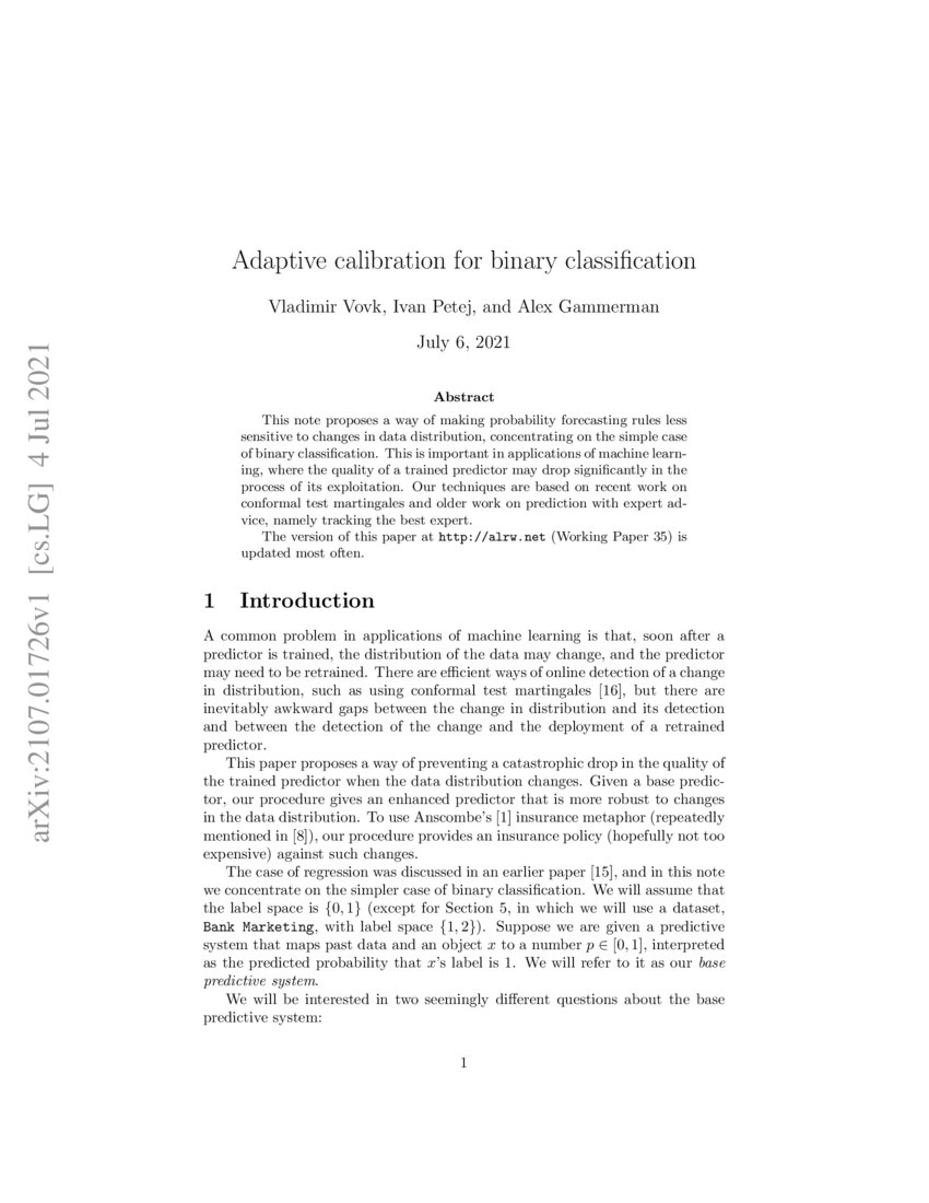 Adaptive calibration for binary classification DeepAI