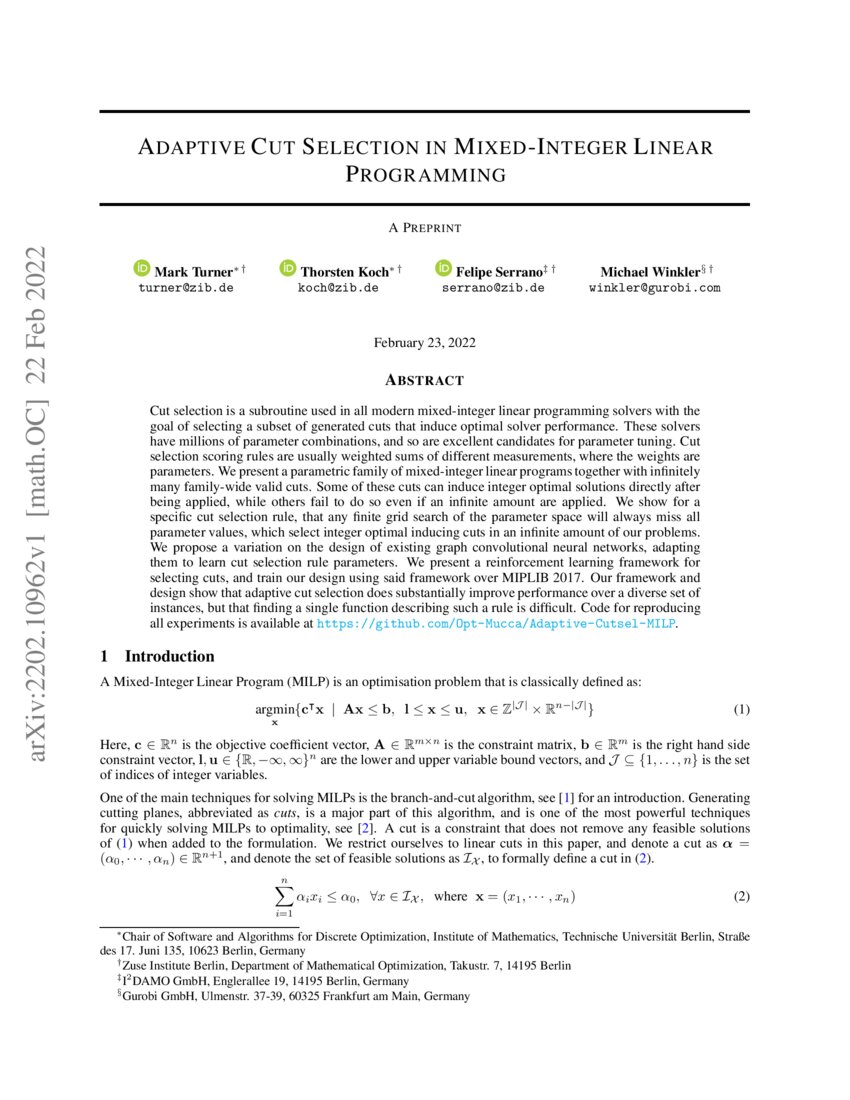 Adaptive Cut Selection in MixedInteger Linear Programming DeepAI