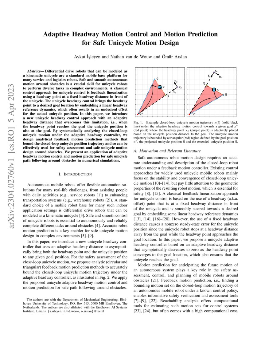 Adaptive Headway Motion Control and Motion Prediction for Safe Unicycle ...