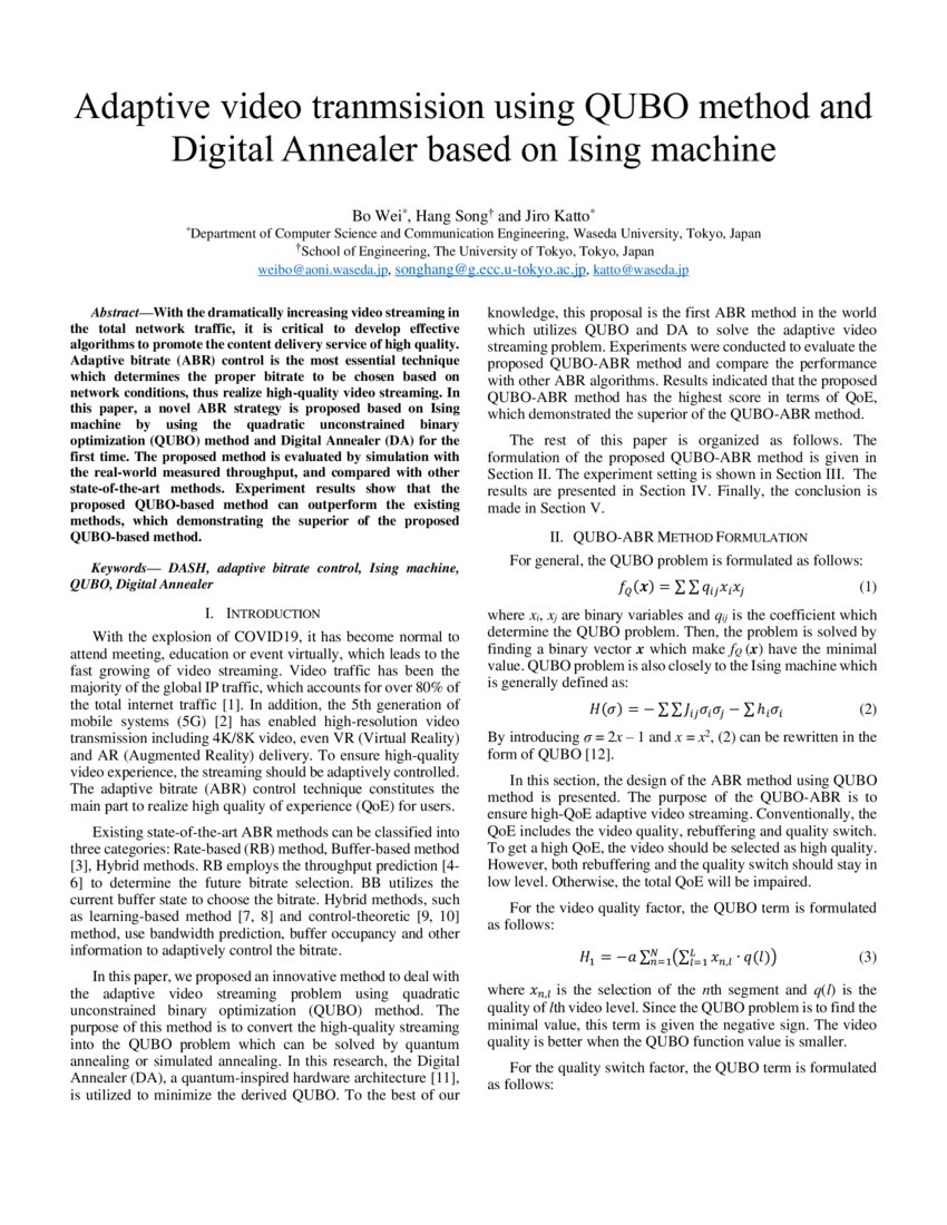 Adaptive video transmission using QUBO method and Digital Annealer