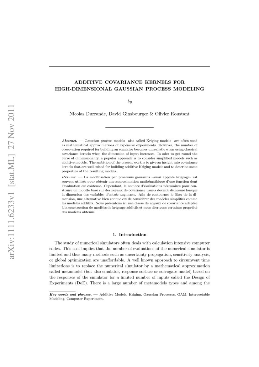 Additive Covariance Kernels for HighDimensional Gaussian Process