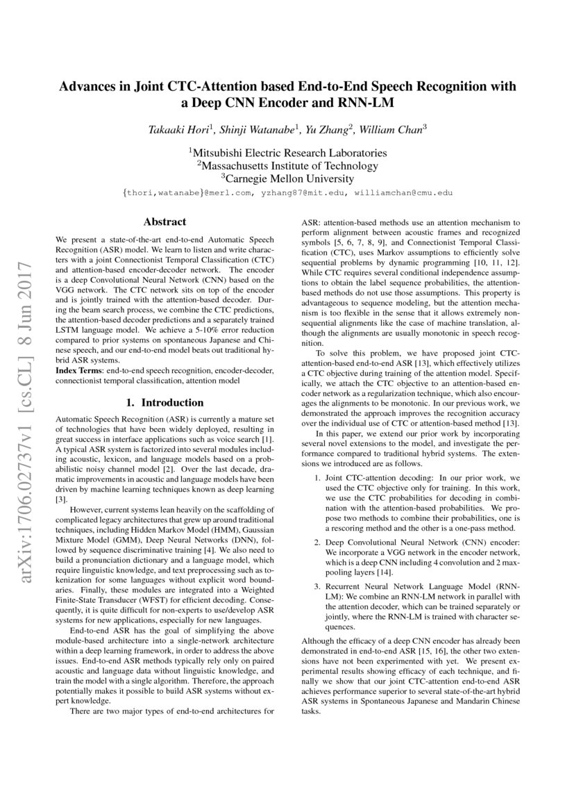 Advances in Joint CTC-Attention based End-to-End Speech Recognition ...