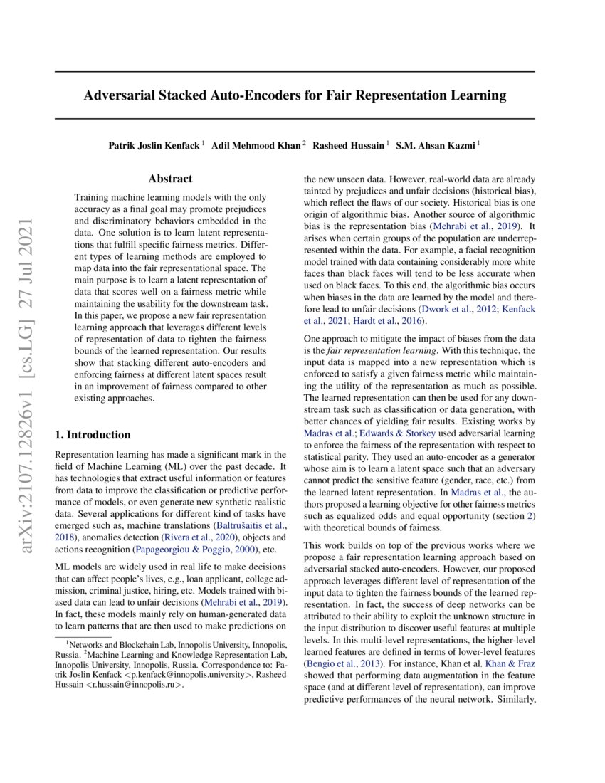 Adversarial Stacked Auto-Encoders for Fair Representation Learning | DeepAI
