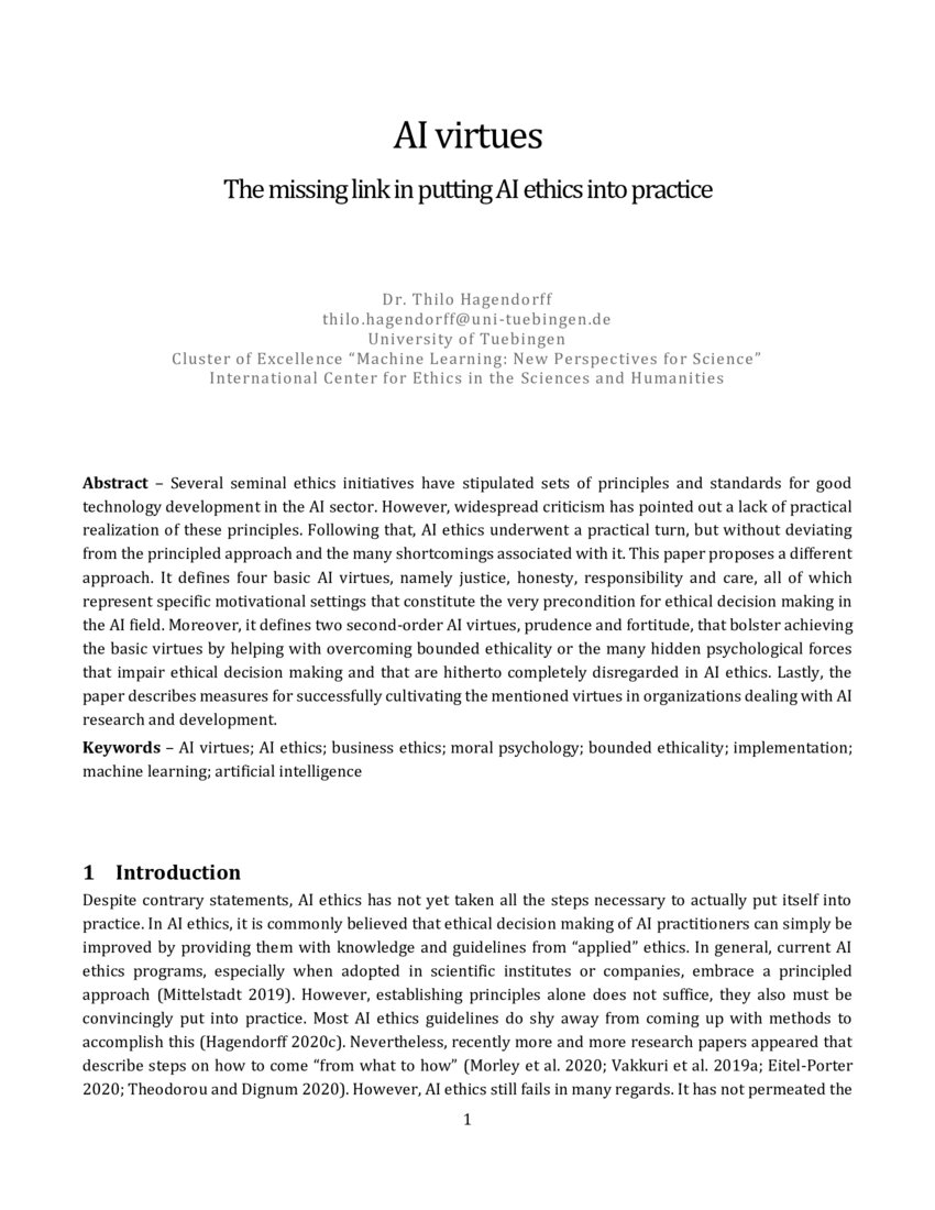 AI virtues – The missing link in putting AI ethics into practice | DeepAI