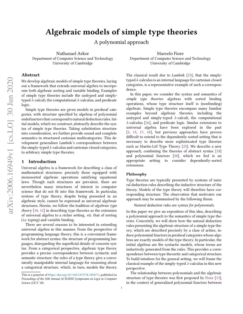 Algebraic models of simple type theories a polynomial approach DeepAI