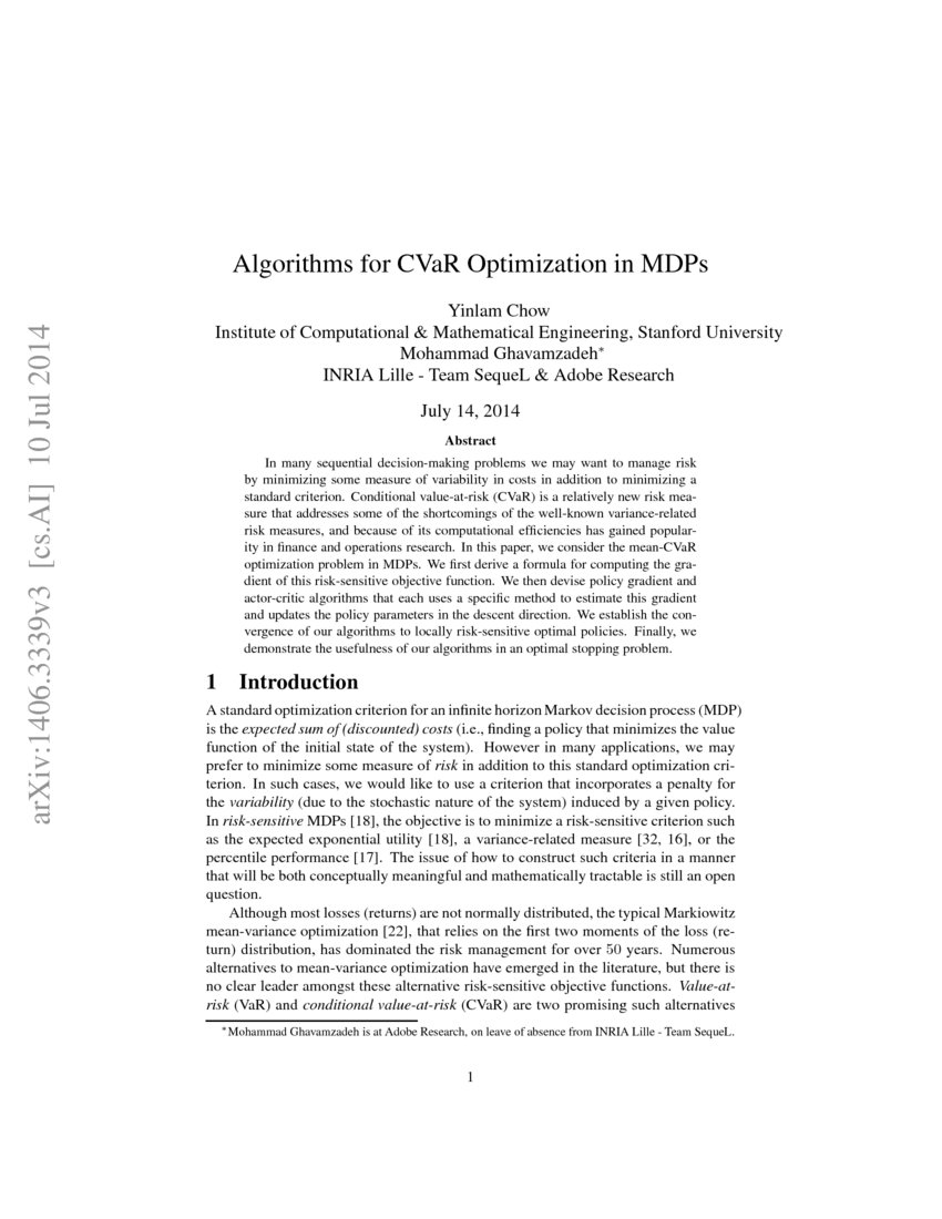 Algorithms for CVaR Optimization in MDPs | DeepAI