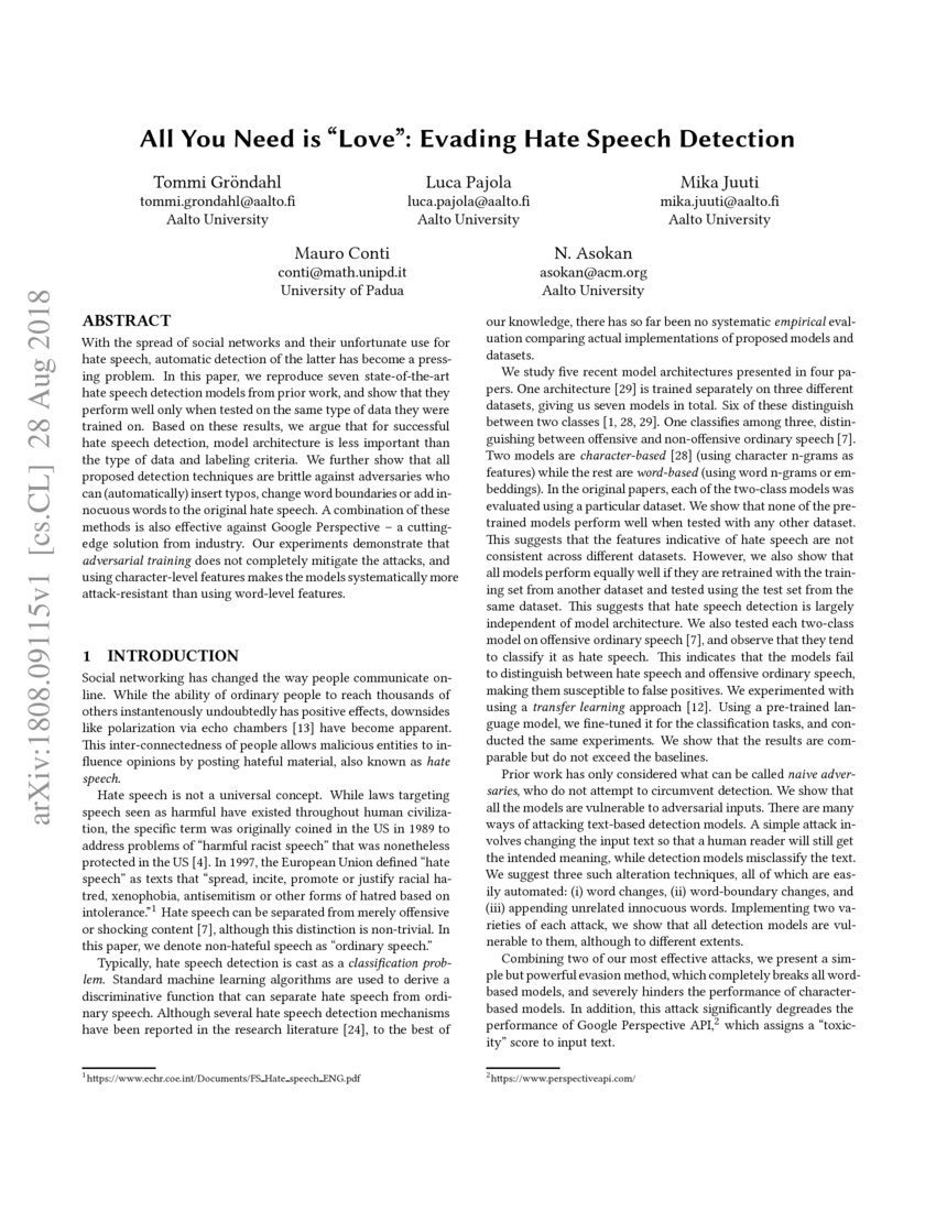 All You Need is "Love" Evading Hatespeech Detection DeepAI