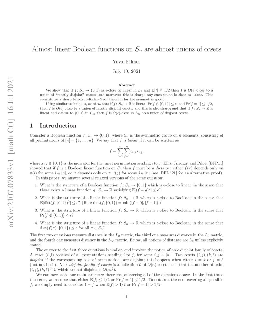 Almost linear Boolean functions on S_n are almost unions of cosets | DeepAI