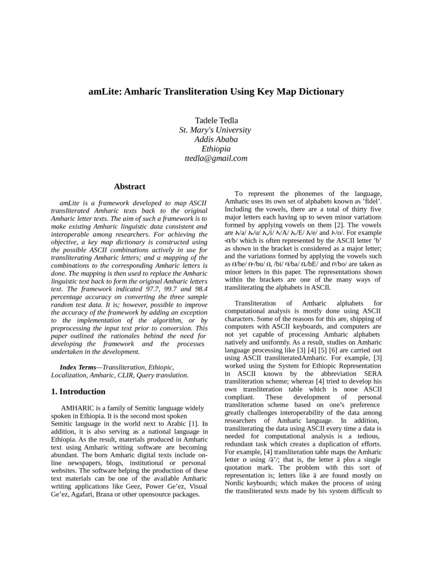 amLite Amharic Transliteration Using Key Map Dictionary DeepAI