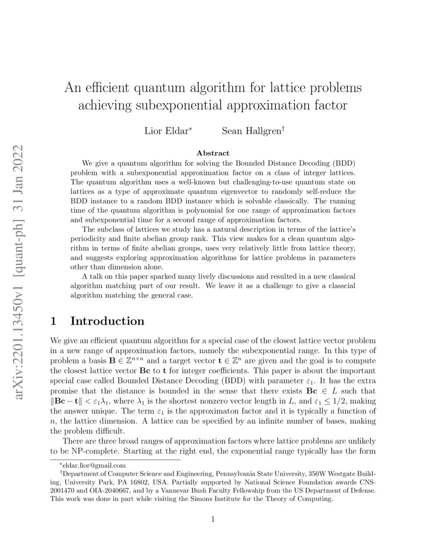 A Note On Quantum Algorithms For Lattice Problems – CEVFQ