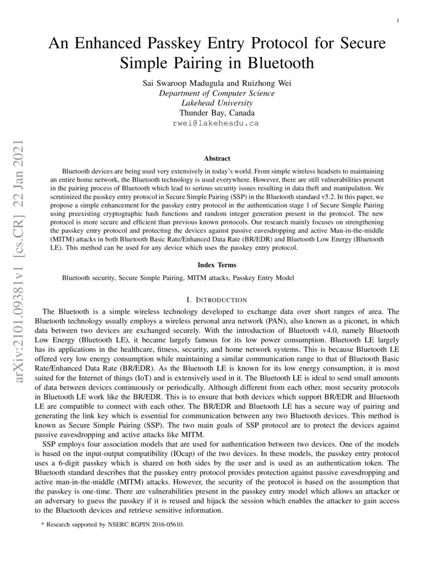 An Enhanced Passkey Entry Protocol for Secure Simple Pairing in