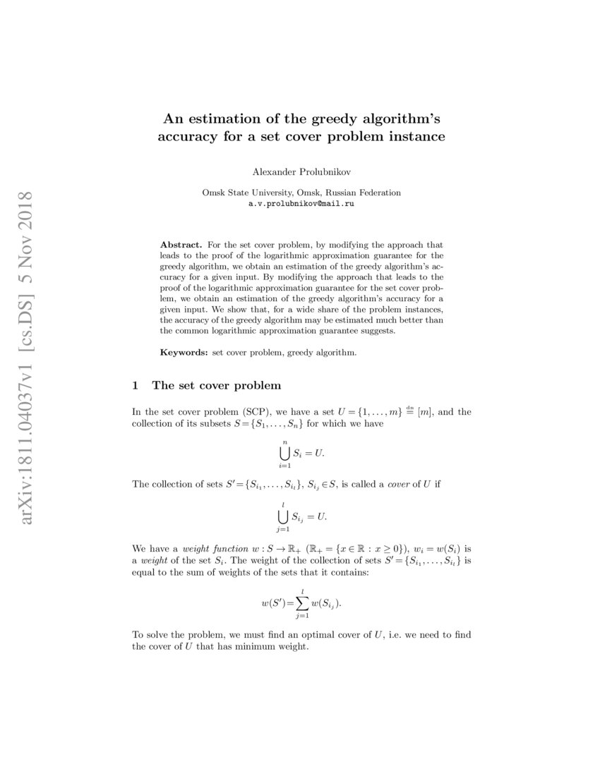 An estimation of the greedy algorithm's accuracy for a set cover
