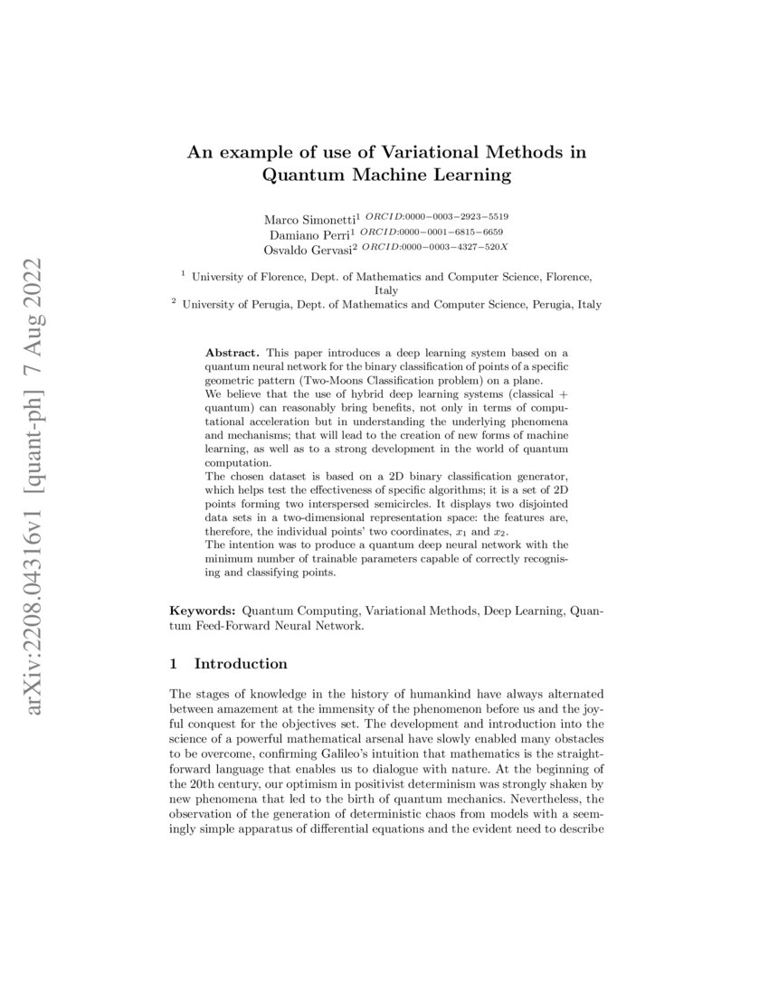 An example of use of Variational Methods in Quantum Machine Learning ...
