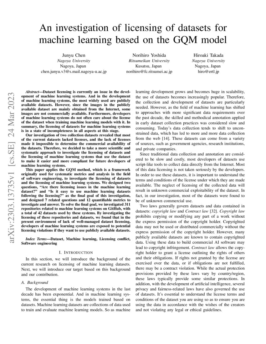 An investigation of licensing of datasets for machine learning based on