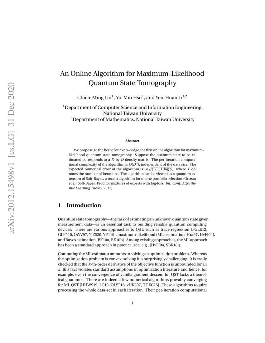 An Online Algorithm for MaximumLikelihood Quantum State Tomography