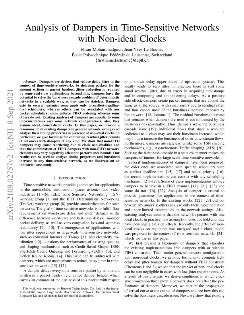 Analysis of Dampers in TimeSensitive Networks with Nonideal Clocks