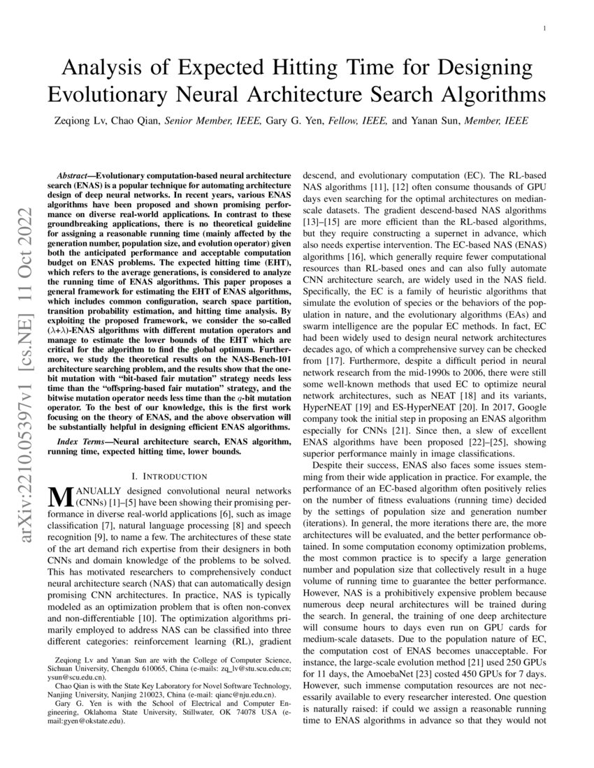 Analysis of Expected Hitting Time for Designing Evolutionary Neural ...