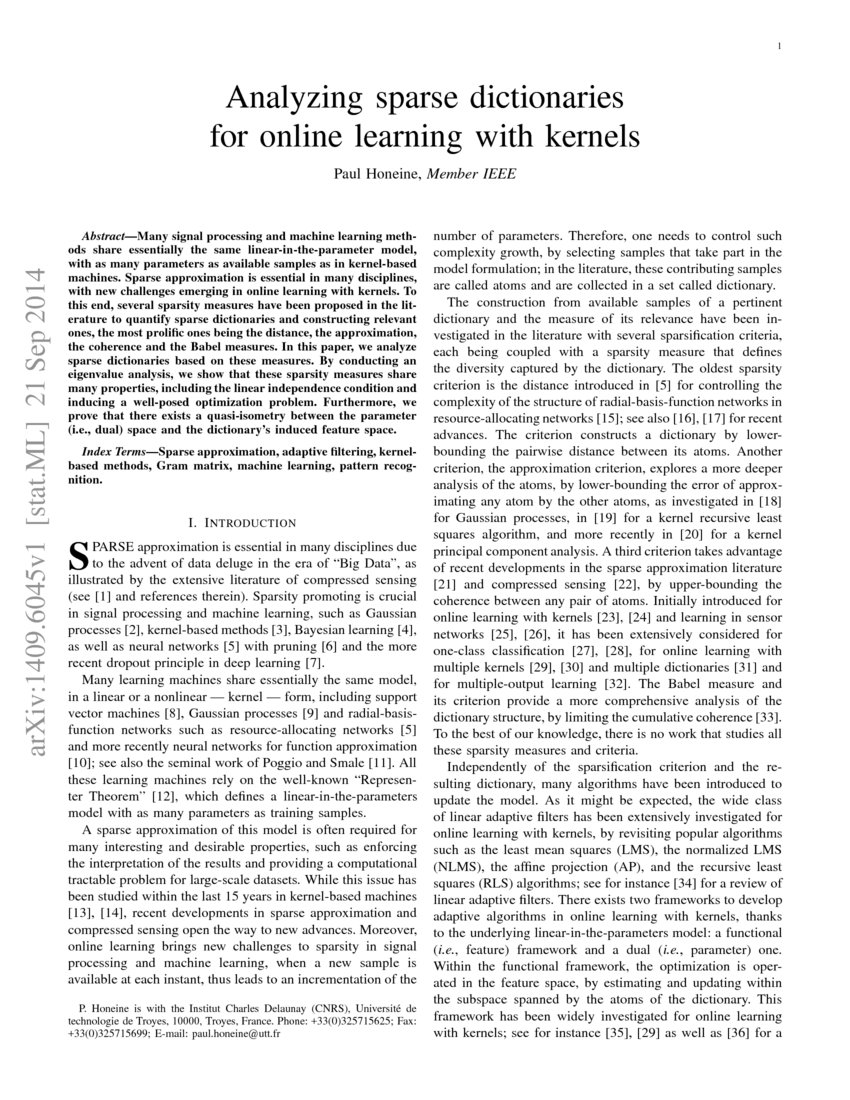 Analyzing sparse dictionaries for online learning with kernels DeepAI