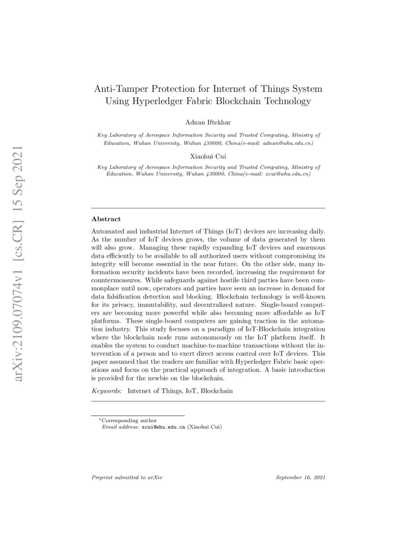 AntiTamper Protection for of Things System Using Hyperledger