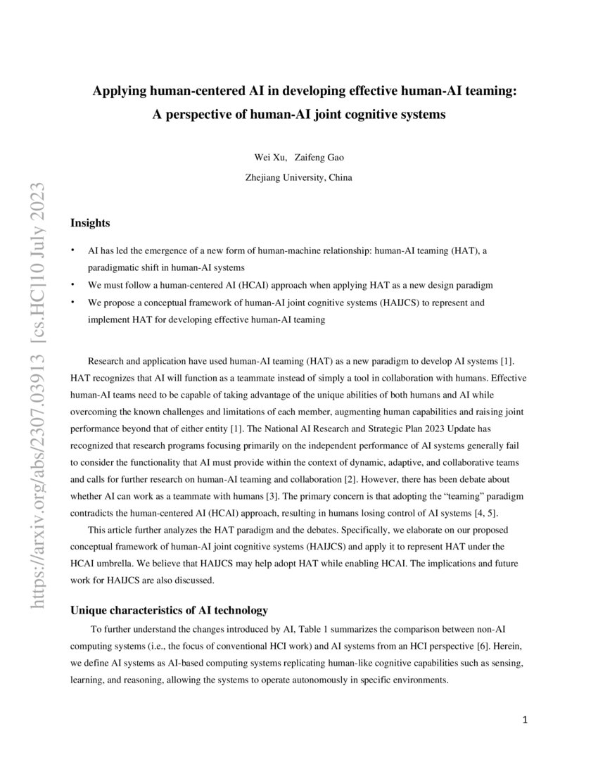 Applying humancentered AI in developing effective humanAI teaming A perspective of humanAI