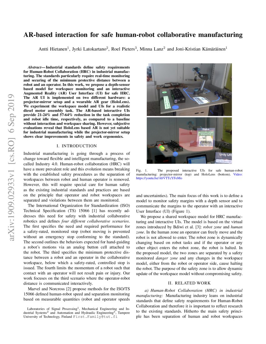 Ar Based Interaction For Safe Human Robot Collaborative Manufacturing